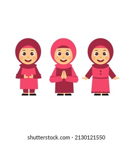 Set Female muslim character illustration with hijab scarf ramadhan thanking, greeting, apologize, farewell pose with respect by using two hand palms splice together