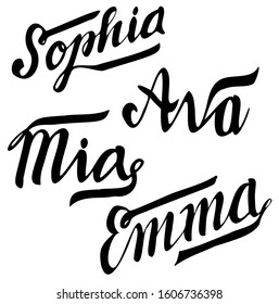 A set of female names are Sophia, Emma, Mia, Ava. Vector set of handwritten calligraphy. Collection of hand-made inscriptions. It can be used as a logo.