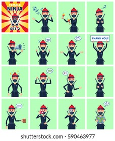 Set of female ninja emoticons showing different actions, gestures, emotions. Cheerful ninja singing, sleeping, holding loudspeaker, banner, map and doing other actions. Simple vector illustration