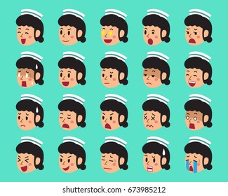 Set of female nurse faces showing different emotions