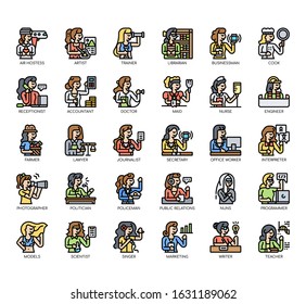 Set of female occupation thin line and pixel perfect icons for any web and app project. 