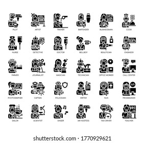 Set of female occupation thin line and pixel perfect icons for any web and app project. 
