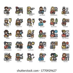 Set of female occupation thin line and pixel perfect icons for any web and app project. 