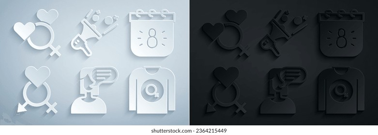 Set Female opinion, Calendar with 8 March, Gender, Feminist shirt, activist and gender icon. Vector