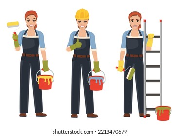 Set Of Female Painter Craftsman With Paint Roller. Flat Icon Vector Illustration Isolated On White Background.