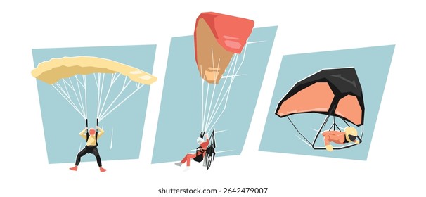 Set of female paragliding, paramotor, and hang gliding. Extreme sport. Cartoon flat vector illustration.