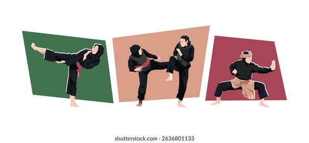 Set of female pencak silat athlete, fighter in action, dynamic pose. Sport, martial arts. Cartoon flat vector illustration.