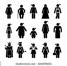 Set of female pictograms that represent various kinds of people. Body appearance. Pictograms which  represent various types of female body shape and age difference.