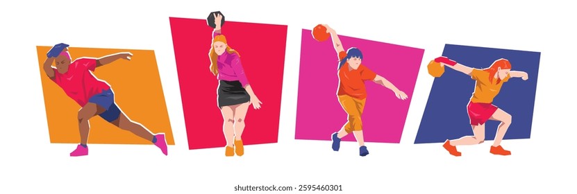 Set of female playing bowling with different poses. Isolated on white background. Flat character vector illustration