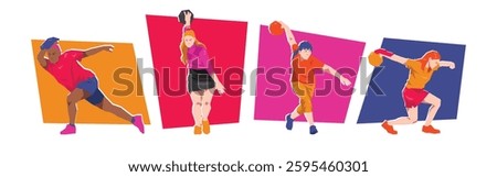 Set of female playing bowling with different poses. Isolated on white background. Flat character vector illustration