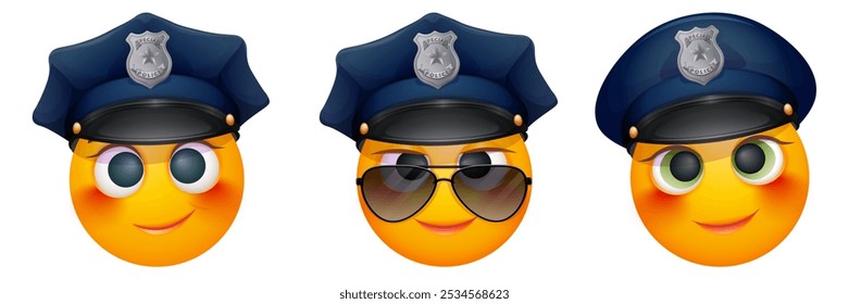 Conjunto de emoji de mujer oficial de policía sobre fondo blanco. Emoticon con sombrero de policía y gafas de sol. Lindo emoticono.