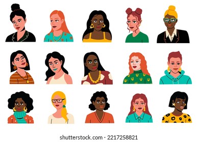 Set of female portraits, avatars, icons with cute girls in flat cartoon style. Modern stylish trendy women of different ages and races.