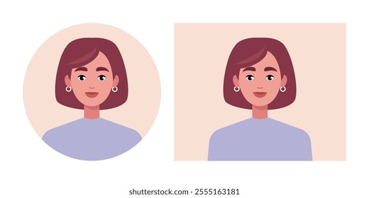 Set of female portraits. Character avatars in round and rectangular frames. Vector illustration in a flat style