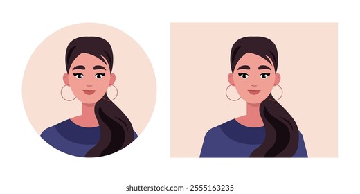 Set of female portraits. Character avatars in round and rectangular frames. Vector illustration in a flat style
