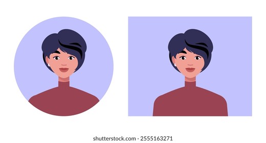 Set of female portraits. Character avatars in round and rectangular frames. Vector illustration in a flat style