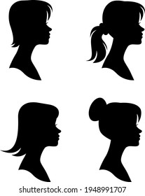 Set of female portraits with different hairstyles, isolated female stylized black silhouettes in profile on a white background. Vector illustration