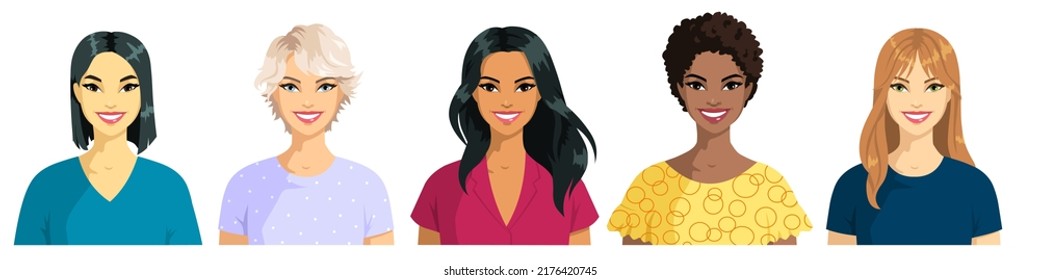 A set of female portraits of different races, nationalities, ethnicities, skin colors, hairstyles. Women of African-American, Asian, Arab, European appearance. Smiling girls isolated on white. Vector.