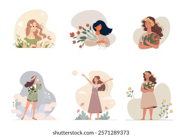 Set of female portraits in a flat style. Cute joyful young women with a flowers. Summer vector illustration. Nice girls enjoys life. Collection of avatar for social network.