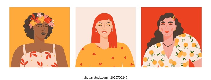 Set of female portraits. Flat vector illustration with faces of different young women