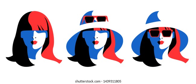 Set of female portraits, full face. Abstract young woman, long hair, big hat, sunglasses. White, black, red colors. Vector illustration