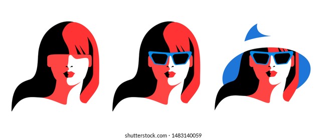 Set of female portraits, full face. Abstract young woman, long hair, big hat, sunglasses. White, black, red colors. Vector illustration