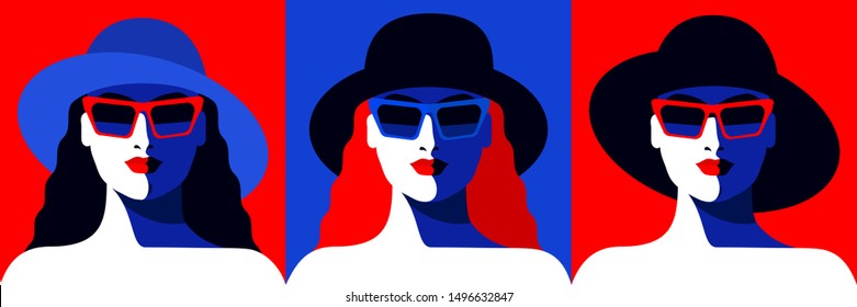 Set of female portraits, full face. Two  girls wearing different hats and sunglasses. Vector illustration