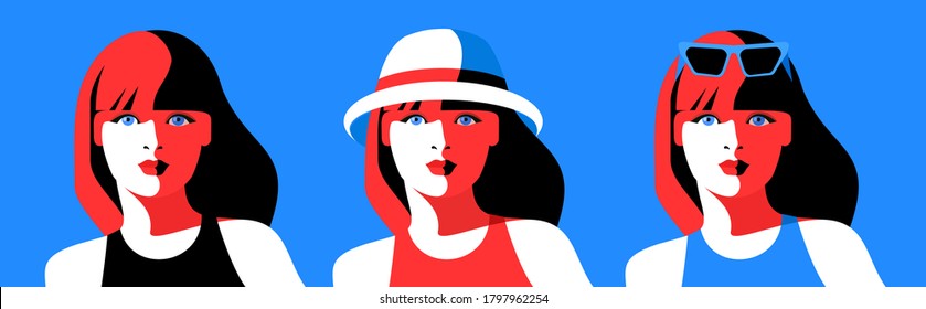 Set of female portraits, full face. Abstract young woman, red hair, summer dress, hat, sunglasses. Black, red, blue colors, isolated images, blue background. Vector illustration