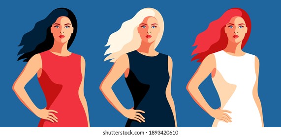 Set of female portraits, full faces. Young women with long black, blonde and red flowing hair, in different color dresses. Vector illustration