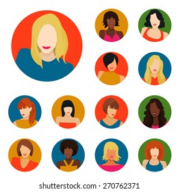 Set of female portraits icons. Vector Illustration