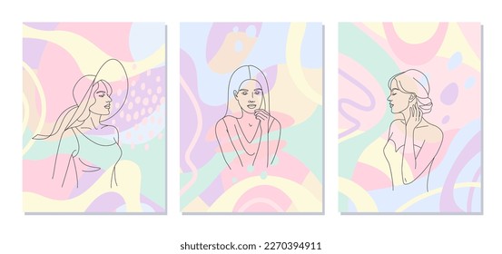 Set of female portraits in monochrome art line style. Beautiful women on colorful background.  Abstract compositions for wall decor, poster design.  Vector minimalistic illustration in pastel colors. 
