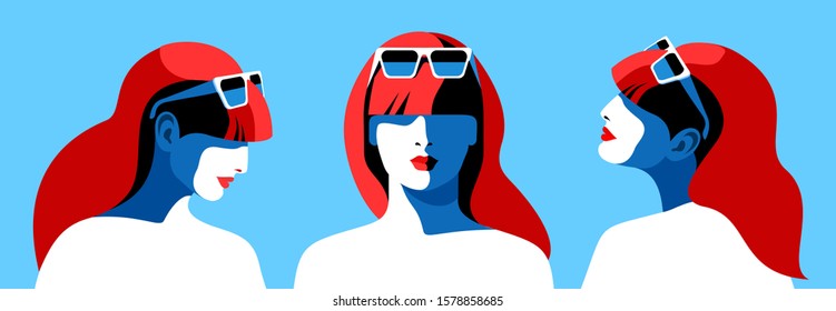 Set Of Female Portraits, Side And Front View. Abstract Young Woman With Long Red Hair, In Sunglasses, Looking Up, Down And Forward. Vector Illustration