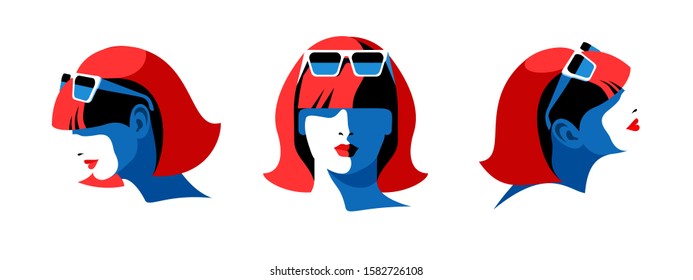 Set Of Female Portraits, Side And Front View. Abstract Young Woman With Short Red Hair, In Sunglasses, Looking Up, Down And Forward. Vector Illustration