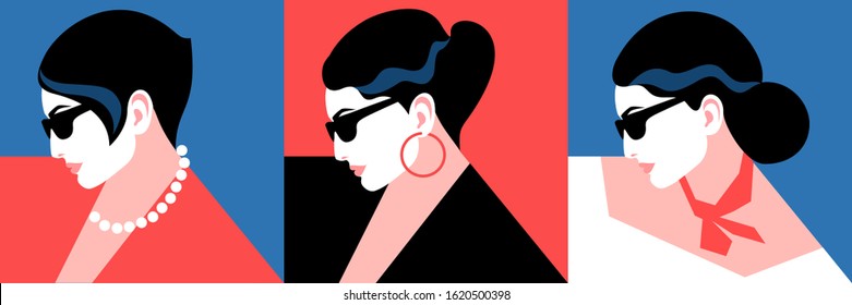 Set of female portraits, side view. Three women in sunglasses, with different hairstyles