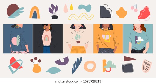 Set of female portraits various doodle objects.  Hand drawn vector abstract illustration. Flat design. All elements are isolated.