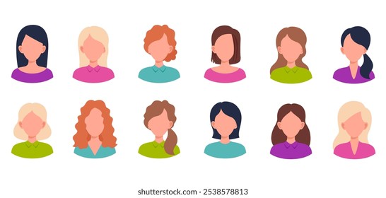 Set female portraits. Woman user avatar profile. Faces of girls with different hairstyles. Vector people characters. Illustration in flat style.