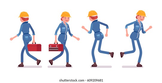 Set of female professional busy industrial service worker in running pose, wearing yellow protective hardhat, blue suit, holding red toolbox, full length, front, rear view, isolated, white background