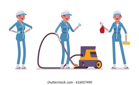 Set of female professional busy janitor in standing pose, young and smiling, wearing blue overall, protective gloves, holding vacuum cleaner, spray bottle, full length, isolated on white background