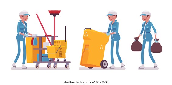 Set of female professional busy janitor taking out the trash, pulling yellow plastic cart with cleaning tools, young and happy, wearing blue overall, protective gloves, isolated on white background