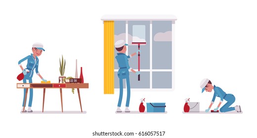 Set of female professional busy janitor wiping indoors, office cleaning, window and floor washing, young, happy and angry, wearing blue overall, cap, protective gloves, isolated on white background