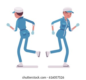 Set of female professional busy janitor in running pose, young and unhappy, wearing blue overall, protective gloves, overload, in a harry, full length, front, rear view, isolated, white background