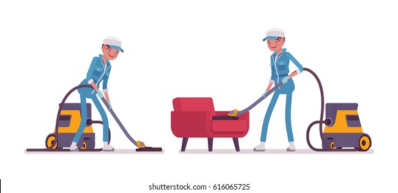 Set of female professional busy janitor vacuum cleaning indoors, floor and sofa office cleaning, young and happy, wearing blue overall, cap, protective gloves, isolated on white background