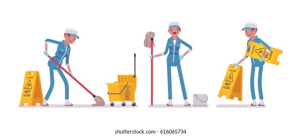 Set of female professional busy janitor mopping the floor, cleaning cart with bucket, caution wet floor sign, young and happy, wearing blue overall, protective gloves, isolated, white background