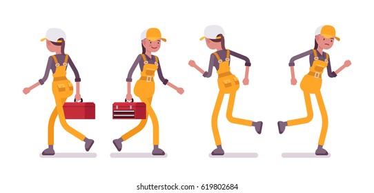 Set of female professional busy service worker in running, walking pose, wearing yellow overall, holding toolbox, smiling and unhappy, full length, front, rear view, isolated, white background