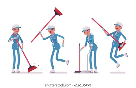 Set of female professional janitor sweeping the floor with a broom, using it as a guitar, young, happy and angry, wearing blue overall, cap, protective gloves, isolated on white background