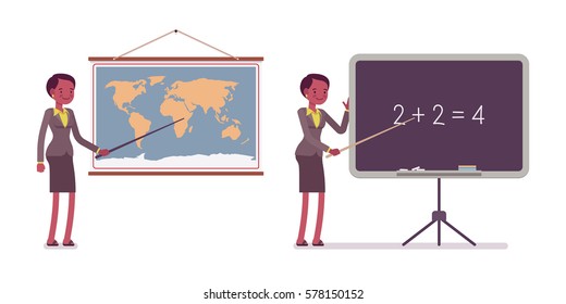 Set of female professional teacher in formal wear, standing and pointing to the map and blackboard, teaching a lesson of geography and maths, full length, isolated against white background