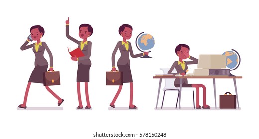 Set of female professional teacher in formal wear, walking and talking on phone, speaking up, sitting and working at the desk with computer, unhappy, full length, isolated against white background