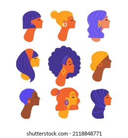 Set of female profile portraits or heads of woman characters. Various nationality. Blonde, brunette, redhead, african american, asian, muslim, european. Collection of avatars. Vector flat hand drawn