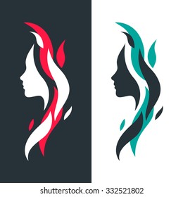 Set of Female Profiles with Abstract Colorful Waves.Vector Logo Template. Isolated Icons Face Silhouettes Concept.