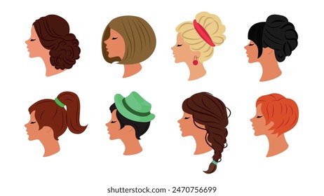 Set of female profiles with beautiful hairstyles in cartoon style. Vector illustration of profile side view, with hairstyles: low bun with curls, square, high bun, spike, hightail, with hat, pigtail.