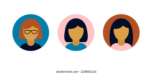 a set of female profiles; vector icon,  graphic symbol isolated on white.